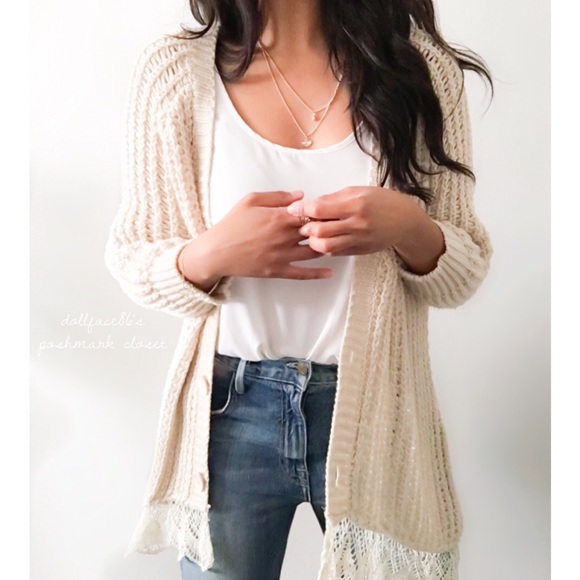 Chloe K Sweaters - Tan Chunky Lace Trimmed Cardigan